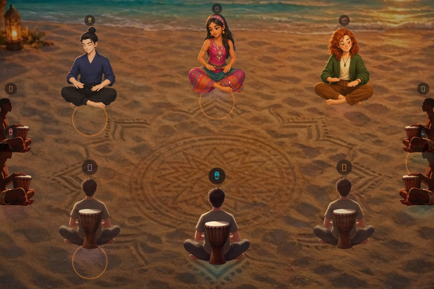 In-app drum circle on the Beach scene with multiple players seated around the campfire, beat ripples glowing under each drum