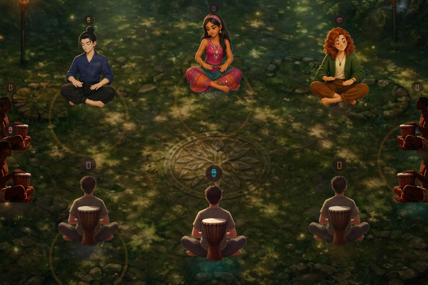 In-app drum circle on the Jungle scene with multiple players seated around the campfire, beat ripples glowing under each drum